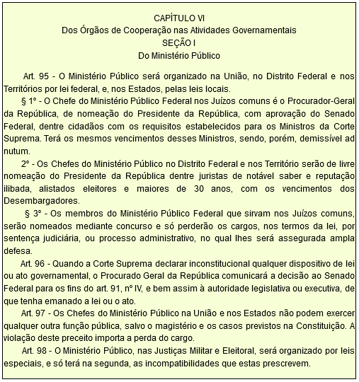 CAPÍTULO VI Dos Órgãos de Cooperação nas Atividades Governamentais SEÇÃO I Do Ministério Público         Art. 95 - O Ministério Público será organizado na União, no Distrito Federal e nos Territórios por lei federal, e, nos Estados, pelas leis locais.         § 1º - O Chefe do Ministério Público Federal nos Juízos comuns é o Procurador-Geral da República, de nomeação do Presidente da República, com aprovação do Senado Federal, dentre cidadãos com os requisitos estabelecidos para os Ministros da Corte Suprema. Terá os mesmos vencimentos desses Ministros, sendo, porém, demissível ad nutum.         2º - Os Chefes do Ministério Público no Distrito Federal e nos Território serão de livre nomeação do Presidente da República dentre juristas de notável saber e reputação ilibada, alistados eleitores e maiores de 30 anos, com os vencimentos dos Desembargadores.         § 3º - Os membros do Ministério Público Federal que sirvam nos Juízos comuns, serão nomeados mediante concurso e só perderão os cargos, nos termos da lei, por sentença judiciária, ou processo administrativo, no qual lhes será assegurada ampla defesa.         Art. 96 - Quando a Corte Suprema declarar inconstitucional qualquer dispositivo de lei ou ato governamental, o Procurado Geral da República comunicará a decisão ao Senado Federal para os fins do art. 91, nº IV, e bem assim à autoridade legislativa ou executiva, de que tenha emanado a lei ou o ato.         Art. 97 - Os Chefes do Ministério Público na União e nos Estados não podem exercer qualquer outra função pública, salvo o magistério e os casos previstos na Constituição. A violação deste preceito importa a perda do cargo.         Art. 98 - O Ministério Público, nas Justiças Militar e Eleitoral, será organizado por leis especiais, e só terá na segunda, as incompatibilidades que estas prescrevem.