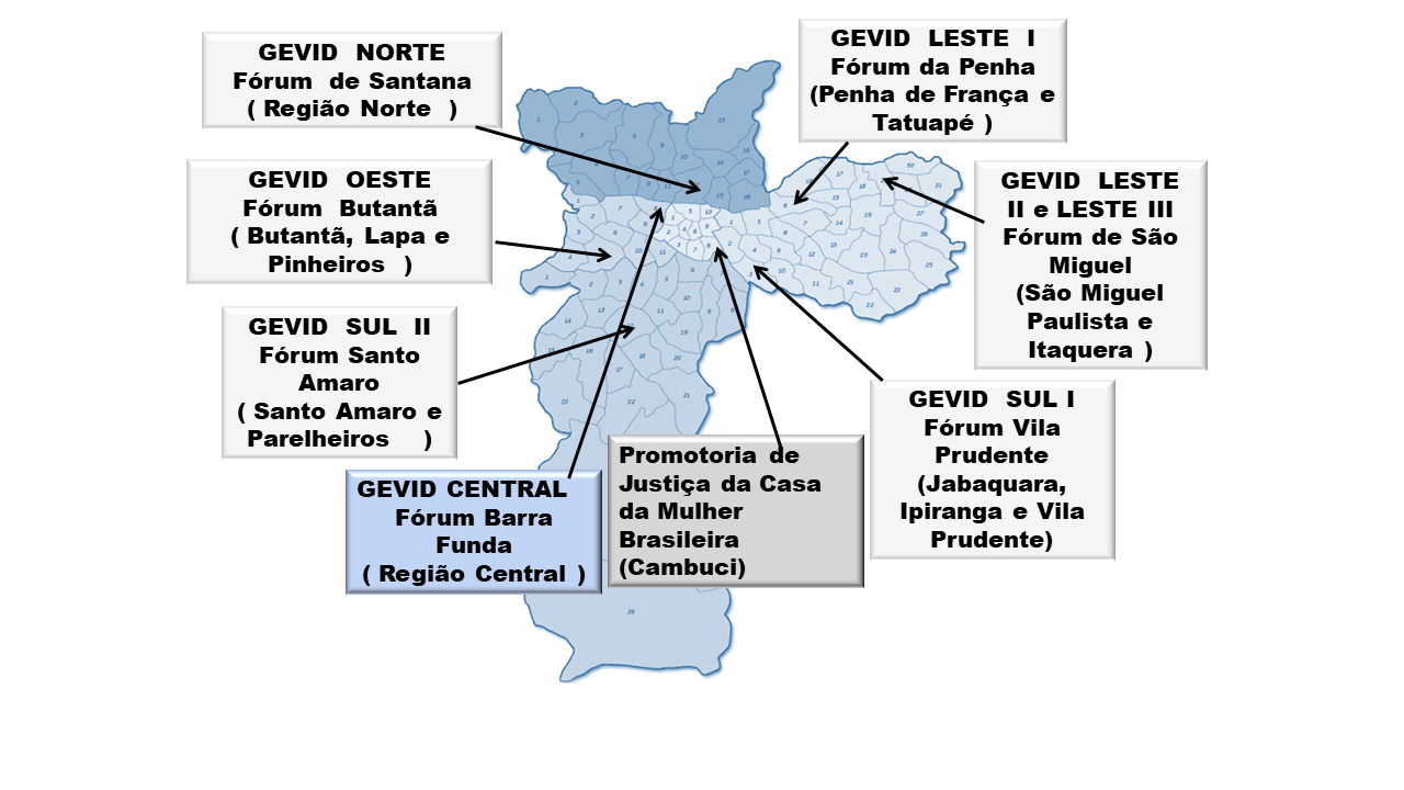 Mapa da capital com a divisão das regiões e os núcleos do Gevid destacados de forma ilustrativa.