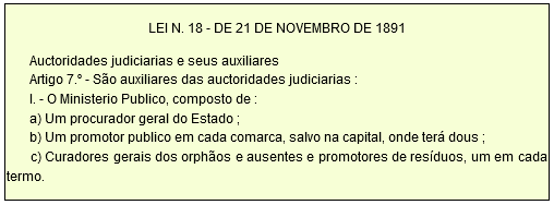 LEI N. 18 - DE 21 DE NOVEMBRO DE 1891         Auctoridades judiciarias e seus auxiliares        Artigo 7.º - São auxiliares das auctoridades judiciarias :        I. - O Ministerio Publico, composto de :        a) Um procurador geral do Estado ;        b) Um promotor publico em cada comarca, salvo na capital, onde terá dous ;        c) Curadores gerais dos orphãos e ausentes e promotores de resíduos, um em cada termo.