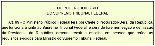 DO PODER JUDICIÁRIO DO SUPREMO TRIBUNAL FEDERAL         Art. 99 - O Ministério Público Federal terá por Chefe o Procurador-Geral da República, que funcionará junto ao Supremo Tribunal Federal, e será de livre nomeação e demissão do Presidente da República, devendo recair a escolha em pessoa que reúna os requisitos exigidos para Ministro do Supremo Tribunal Federal.