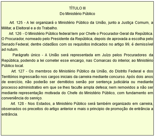 TÍTULO III Do Ministério Público         Art. 125 - A lei organizará o Ministério Público da União, junto a Justiça Comum, a Militar, a Eleitoral e a do Trabalho.         Art. 126 - O Ministério Público federal tem por Chefe o Procurador-Geral da República. O Procurador, nomeado pelo Presidente da República, depois de aprovada a escolha pelo Senado Federal, dentre cidadãos com os requisitos indicados no artigo 99, é demissível ad nutum.         Parágrafo único - A União será representada em Juízo pelos Procuradores da República, podendo a lei cometer esse encargo, nas Comarcas do interior, ao Ministério Público local.         Art. 127 - Os membros do Ministério Público da União, do Distrito Federal e dos Territórios ingressarão nos cargos iniciais da carreira mediante concurso. Após dois anos de exercício, não poderão ser demitidos senão por sentença judiciária ou mediante processo administrativo em que se lhes faculte ampla defesa; nem removidos a não ser mediante representação motivada do Chefe do Ministério Público, com fundamento em conveniência do serviço.         Art. 128 - Nos Estados, a Ministério Público será também organizado em carreira, observados os preceitos do artigo anterior e mais o principio de promoção de entrância a entrância.