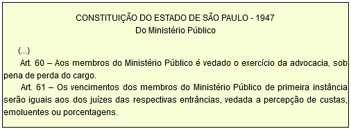 CONSTITUIÇÃO DO ESTADO DE SÃO PAULO - 1947 Do Ministério Público         (...)        Art. 60 – Aos membros do Ministério Público é vedado o exercício da advocacia, sob pena de perda do cargo.        Art. 61 – Os vencimentos dos membros do Ministério Público de primeira instância serão iguais aos dos juízes das respectivas entrâncias, vedada a percepção de custas, emoluentes ou porcentagens.